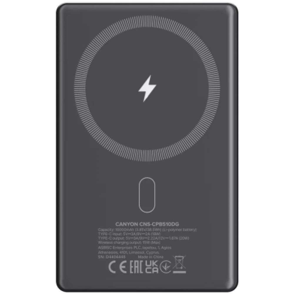 Батарея універсальна Canyon 10000mAh OnPower 510 slim Magsafe PD/20W Dark Grey (CNS-CPB510DG)