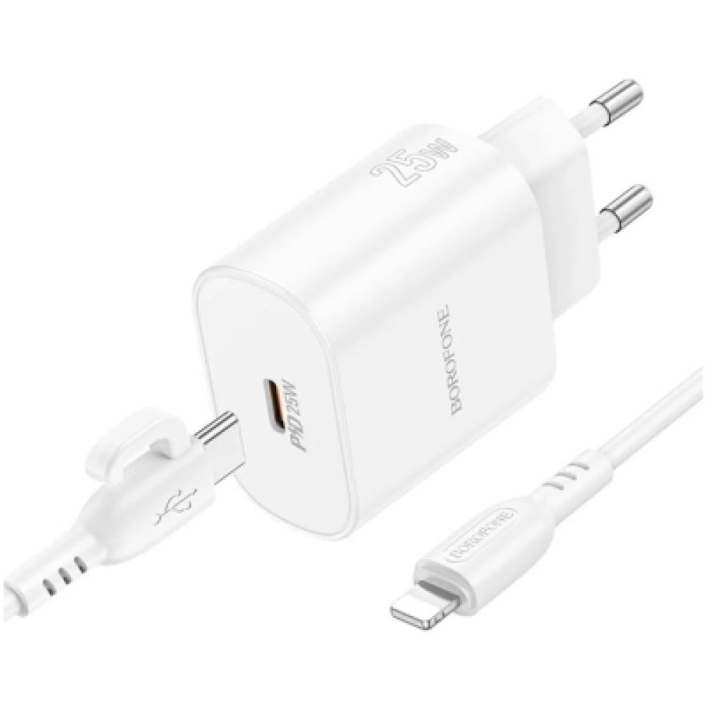 Зарядний пристрій BOROFONE BA82A Platinum USB-C PD25W + cable USB-C to Lightning White (6941991112263)