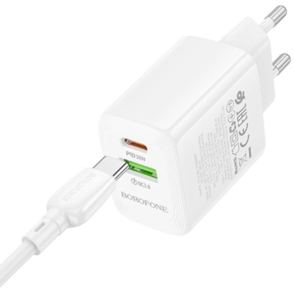 Зарядний пристрій BOROFONE BN29 Fuente 1xUSB-C PD30W + 1xUSB QC3.0 White (6941991120329)