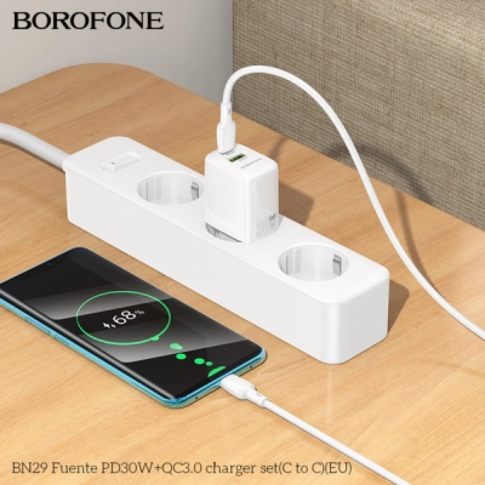 Зарядний пристрій BOROFONE BN29 Fuente 1xUSB-C PD30W + 1xUSB QC3.0 White (6941991120329)