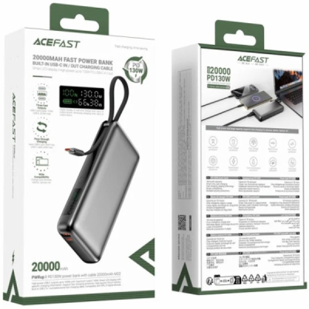 Батарея універсальна Acefast 20000mAh 130W PD, QC/3.0 USB-A+USB-C In/Out,build-in cable M22 Gray (6974316283904)