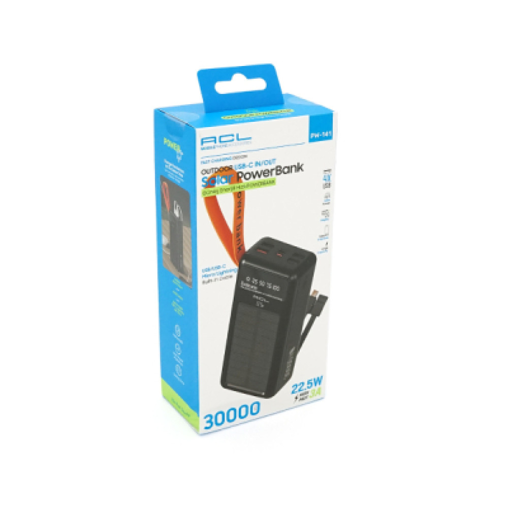 Батарея універсальна ACL 30000mAh, Solar, 22.5W, cables Type-C + Lighting, Black (ACL PW-141)