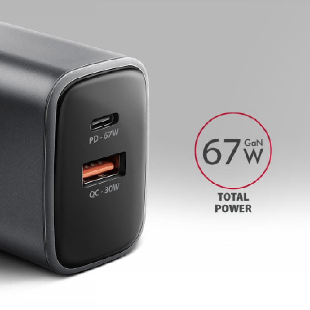 Зарядний пристрій AXAGON 1xUSB-C PD67W + 1xUSB QC4+ PPS gray (ACU-PQ67)
