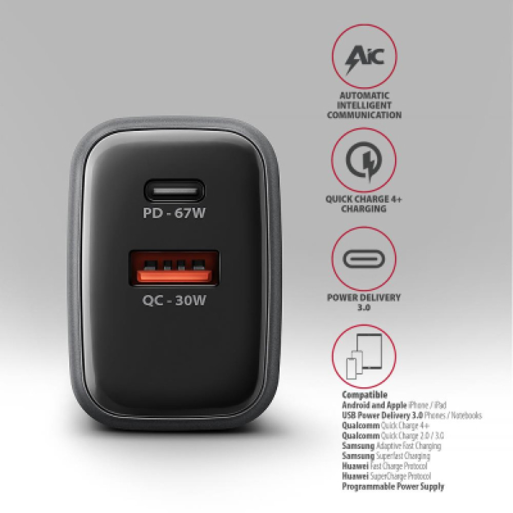 Зарядний пристрій AXAGON 1xUSB-C PD67W + 1xUSB QC4+ PPS gray (ACU-PQ67)