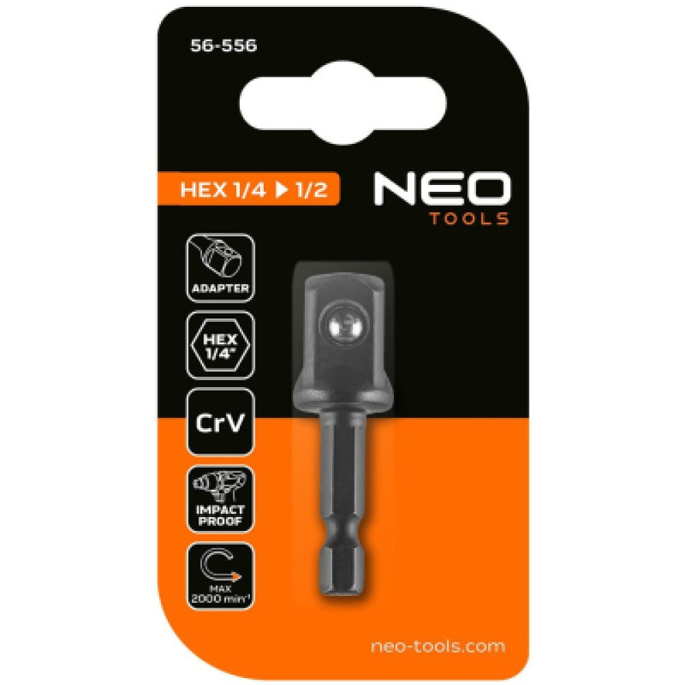 Адаптер для інструменту Neo Tools 1/4" Hex 1/2" квадрат, ударний, сталь S2 (56-556)