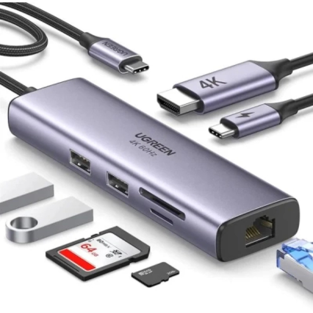 Концентратор Ugreen USB-C 6-in-1 2xUSB-A + 1xUSB-C PD100W + DisplayPort 4K60Hz + 1xRJ45 1000Mbps black (75643)