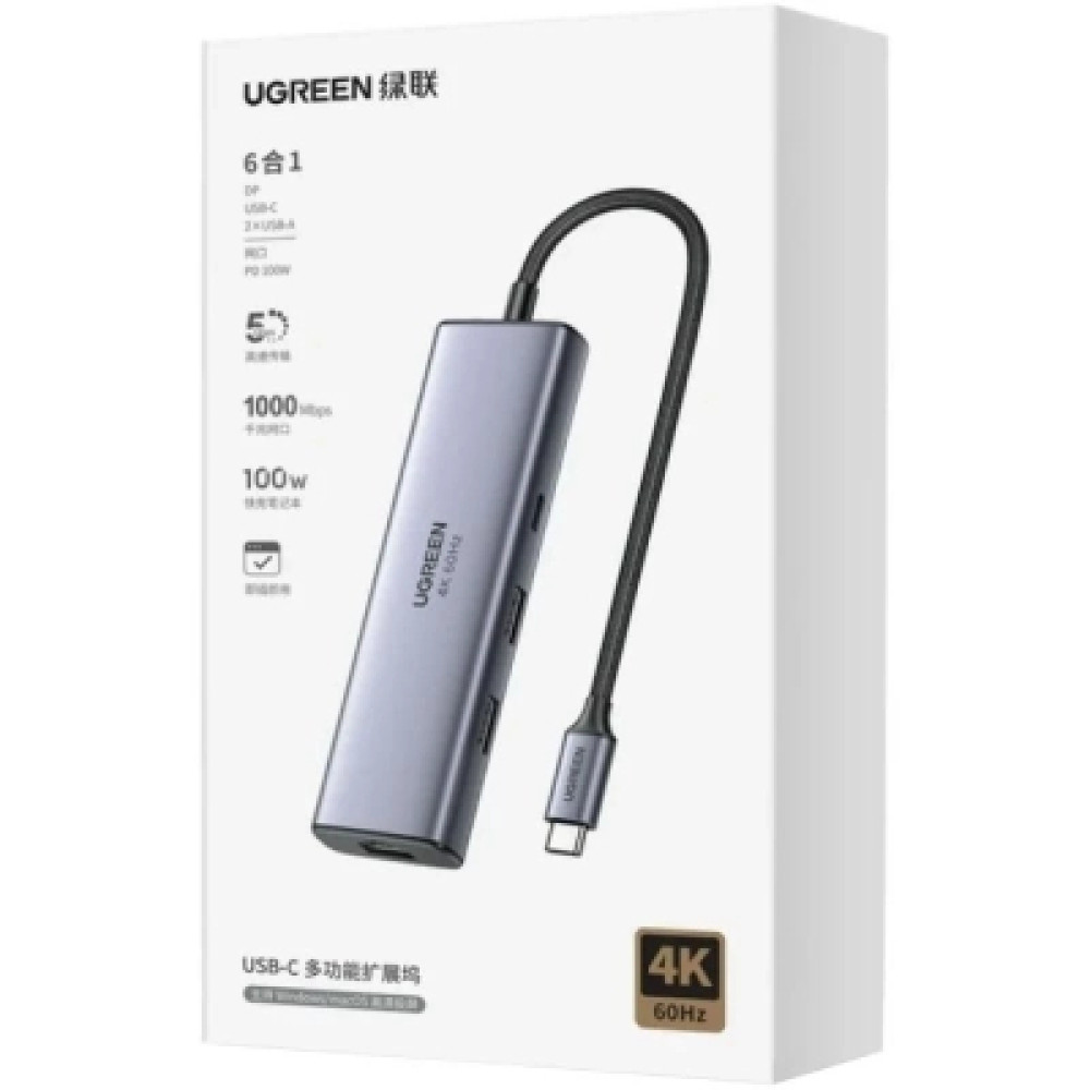 Концентратор Ugreen USB-C 6-in-1 2xUSB-A + 1xUSB-C PD100W + DisplayPort 4K60Hz + 1xRJ45 1000Mbps black (75643)