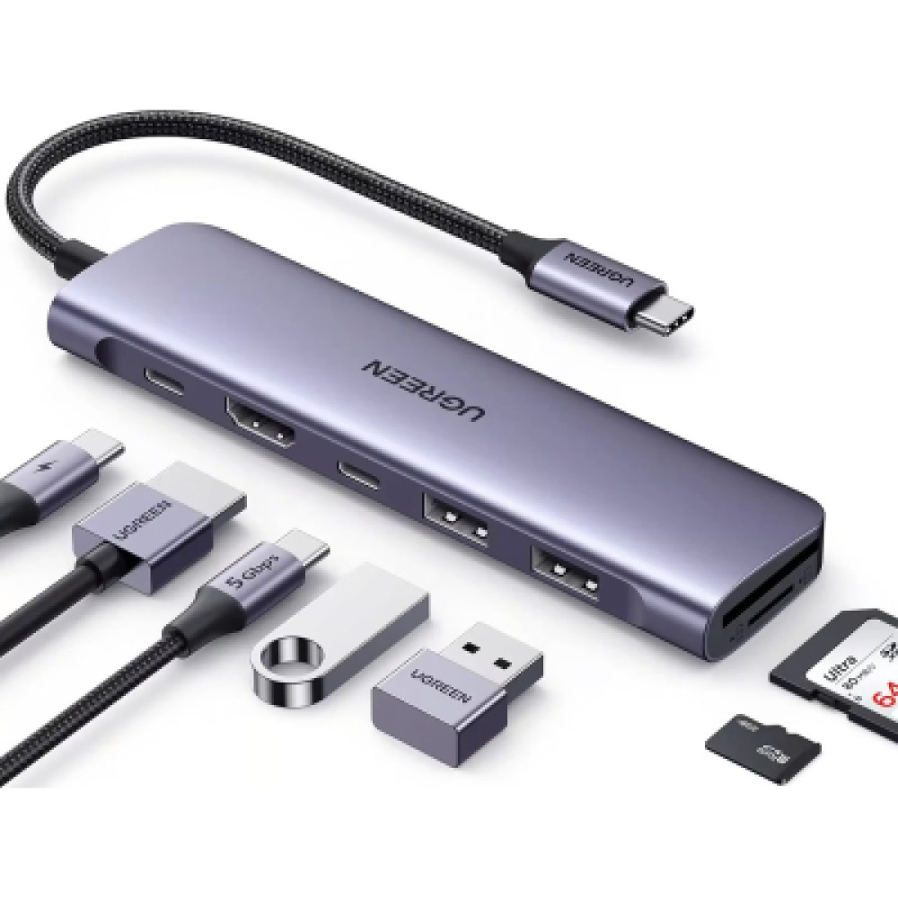 Концентратор Ugreen USB-C 7-in-1 2xUSB 3.0 + USB-C PD100W + HDMI 4K30Hz + SD/TF black (15214)