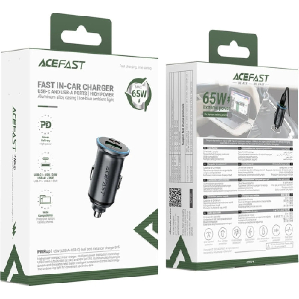 Зарядний пристрій Acefast 1xUSB-C PD65W + 1xUSB black (6974316284963)