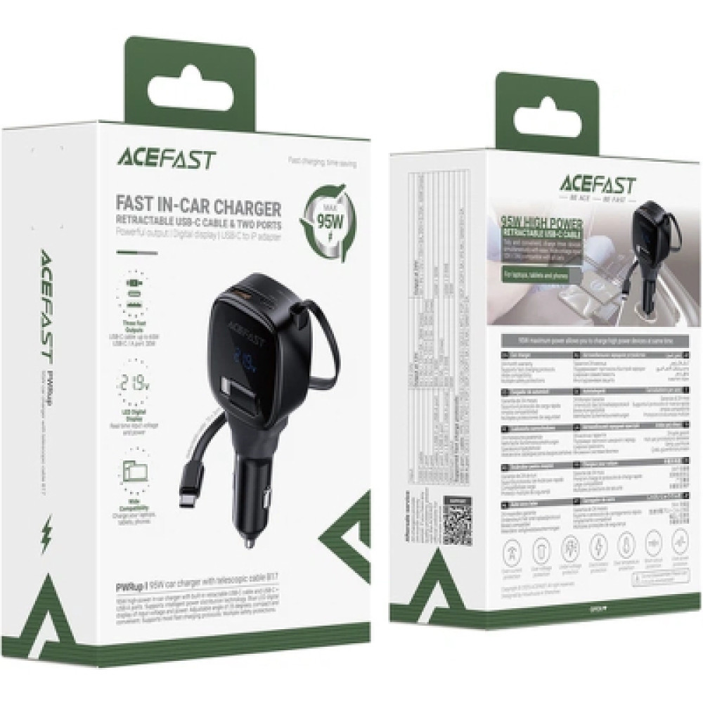 Зарядний пристрій Acefast 1xUSB-C PD95W + telescopic cable USB-C black (6974316285946)