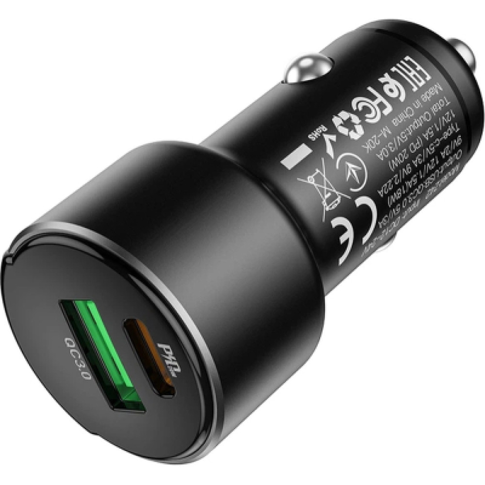 Зарядний пристрій HOCO 1xUSB-C PD20W + 1xUSB QC3.0 car adapter Z42 black (6931474742544)