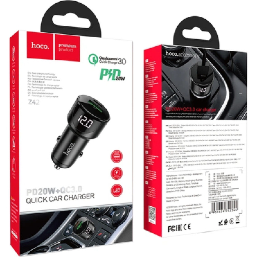 Зарядний пристрій HOCO 1xUSB-C PD20W + 1xUSB QC3.0 car adapter Z42 black (6931474742544)