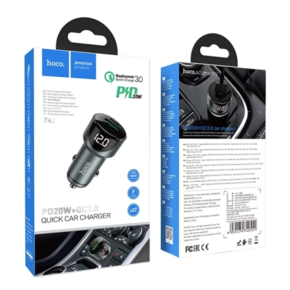 Зарядний пристрій HOCO 1xUSB-C PD20W + 1xUSB QC3.0 car adapter Z42 gray (6931474742551)