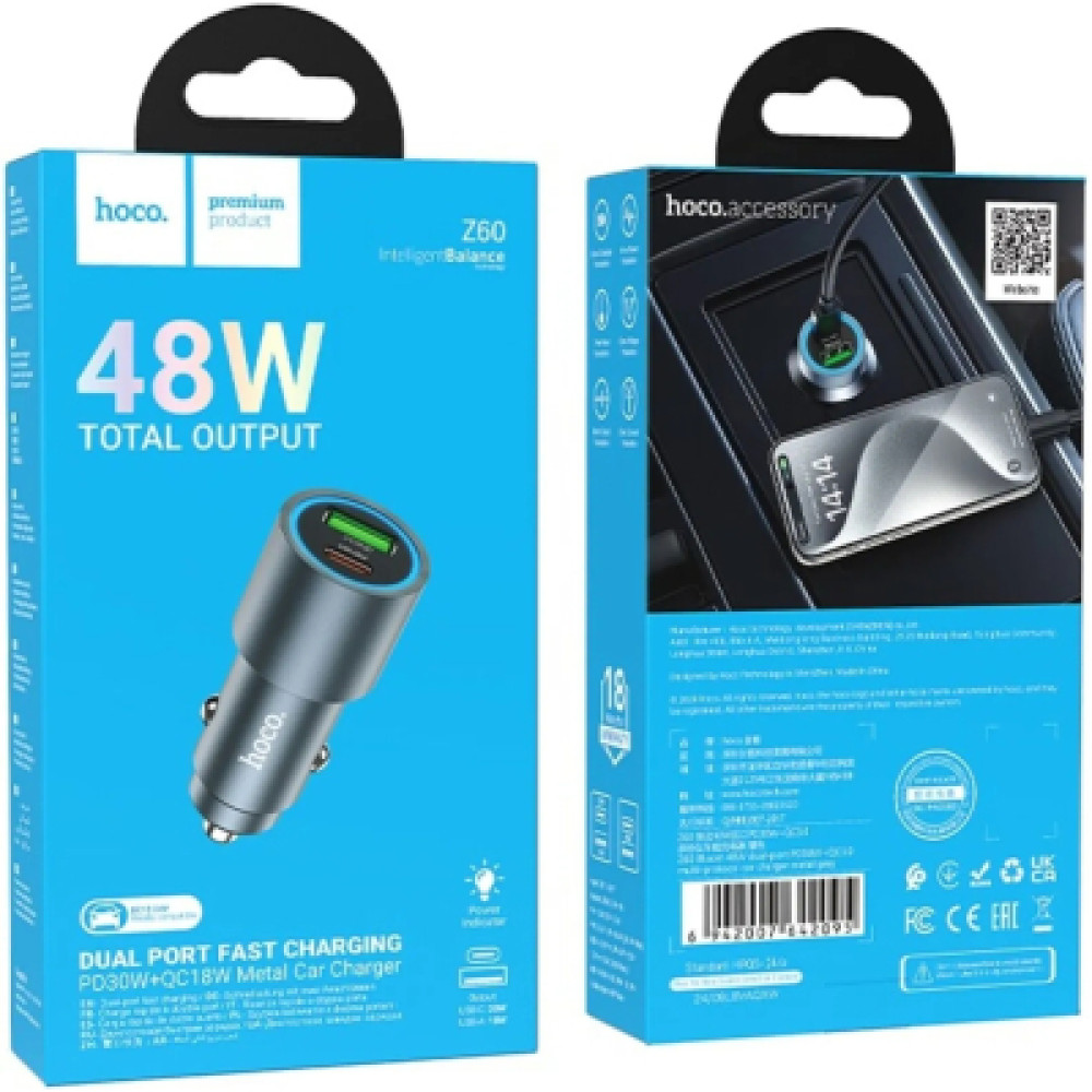 Зарядний пристрій HOCO 1xUSB-C PD30W + 1xUSB QC3.0 48W car adapter Z60 gray (6942007642095)