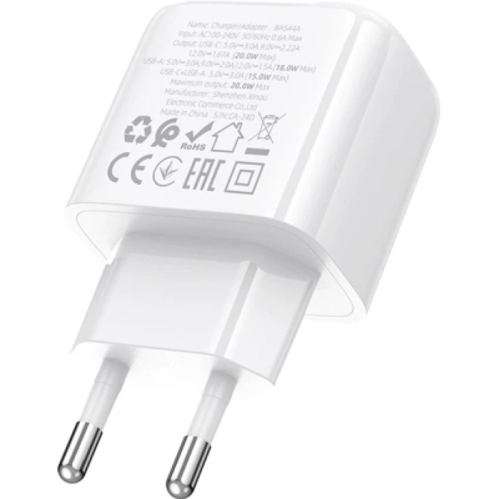 Зарядний пристрій BOROFONE BAS44A 1xUSB-C PD20W + 1xUSB QC3.0 white (6941991113840)