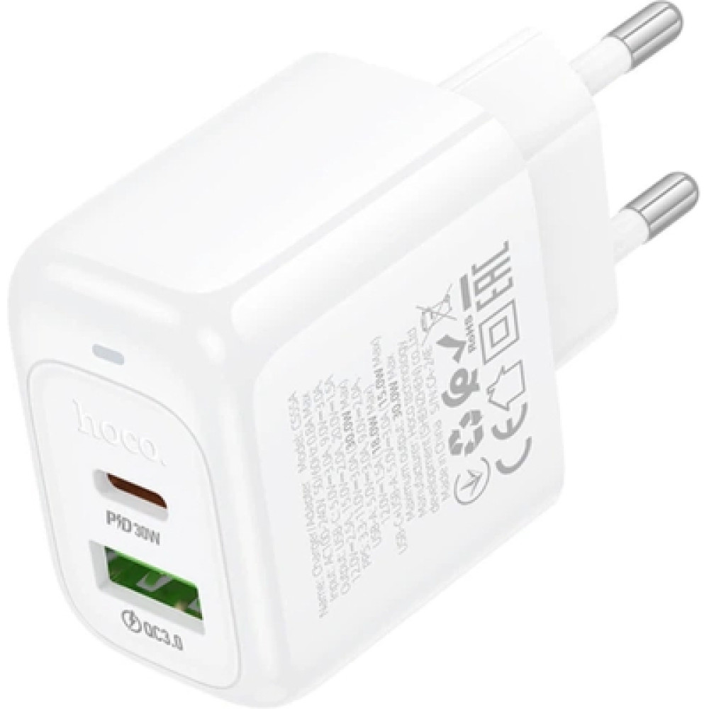 Зарядний пристрій HOCO CS55A 1xUSB-C PD30W + 1xUSB QC3.0 white (6942007631549)