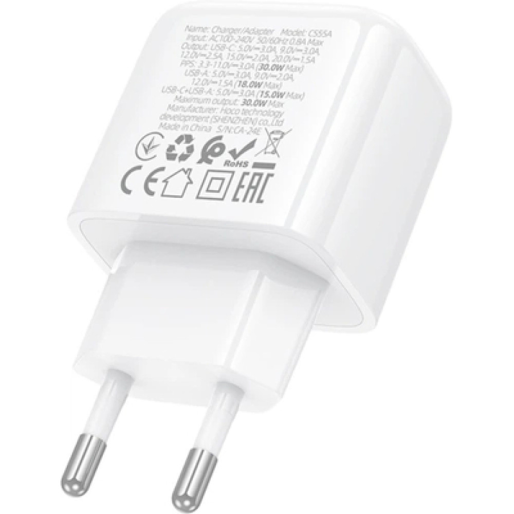 Зарядний пристрій HOCO CS55A 1xUSB-C PD30W + 1xUSB QC3.0 white (6942007631549)