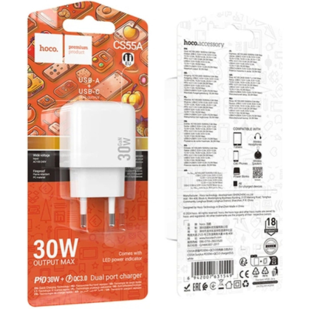 Зарядний пристрій HOCO CS55A 1xUSB-C PD30W + 1xUSB QC3.0 white (6942007631549)