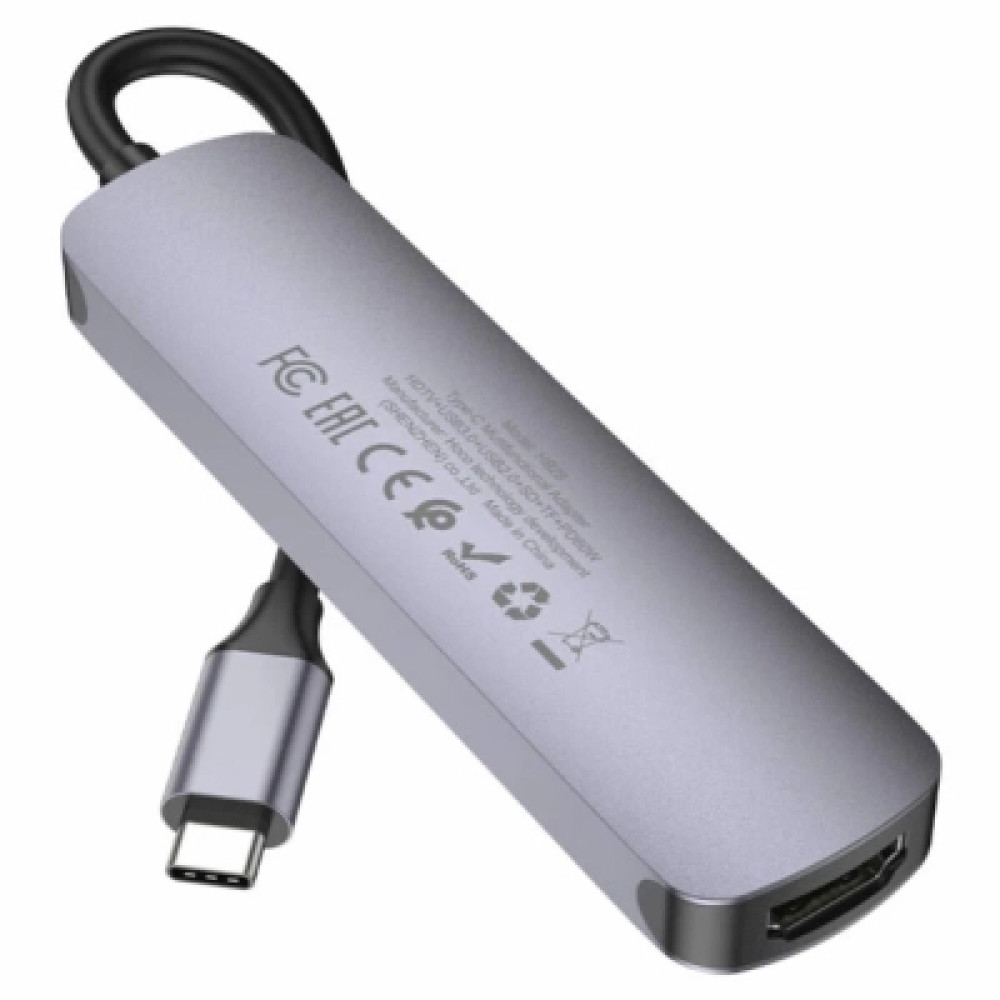 Концентратор HOCO USB-C 6-in-1 1xUSB 3.0 + 1xUSB 2.0 + SD/TF + 1xHDMI 4K30Hz + 1xUSB-C PD 60W gray (6931474769336)