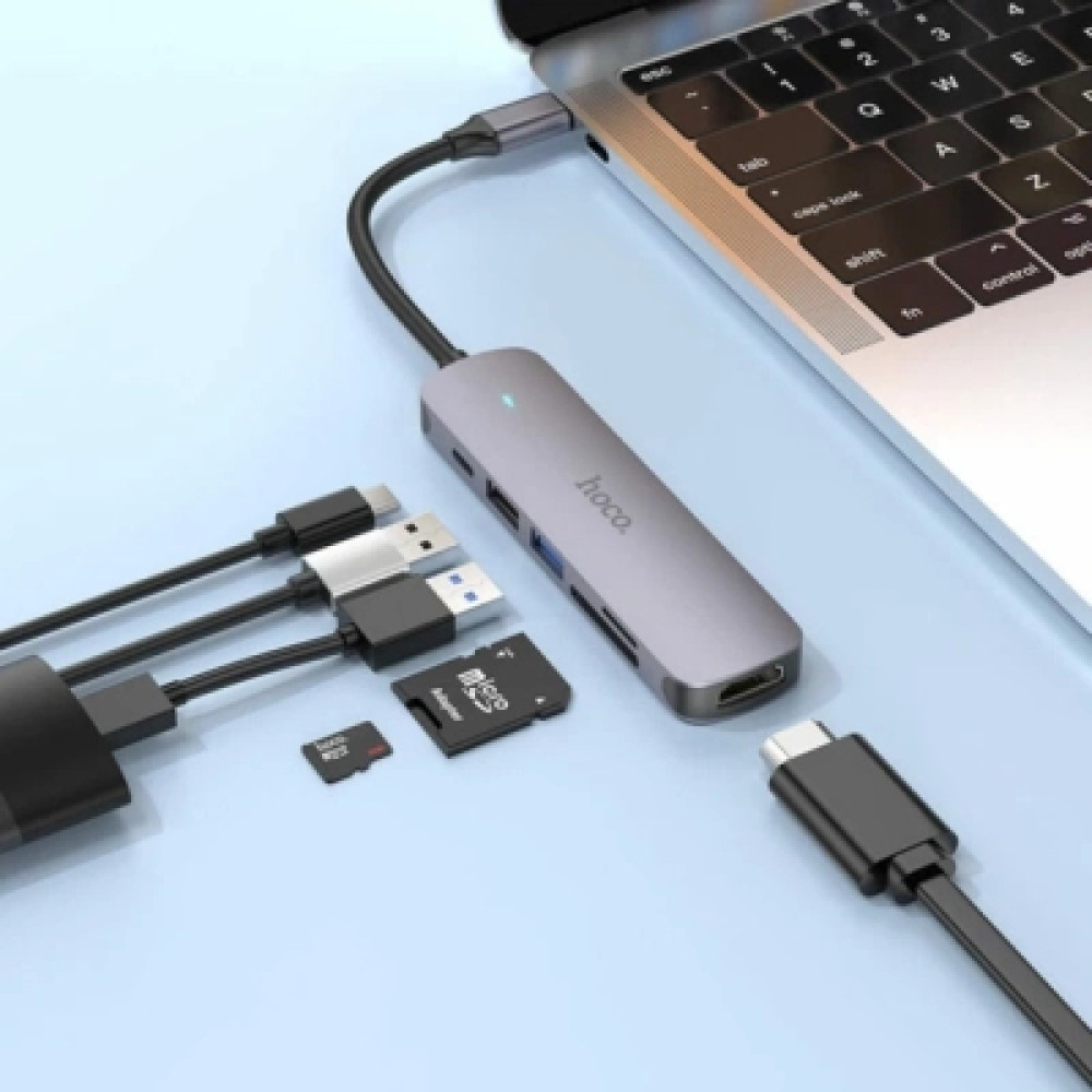 Концентратор HOCO USB-C 6-in-1 1xUSB 3.0 + 1xUSB 2.0 + SD/TF + 1xHDMI 4K30Hz + 1xUSB-C PD 60W gray (6931474769336)