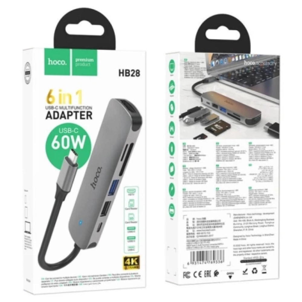 Концентратор HOCO USB-C 6-in-1 1xUSB 3.0 + 1xUSB 2.0 + SD/TF + 1xHDMI 4K30Hz + 1xUSB-C PD 60W gray (6931474769336)