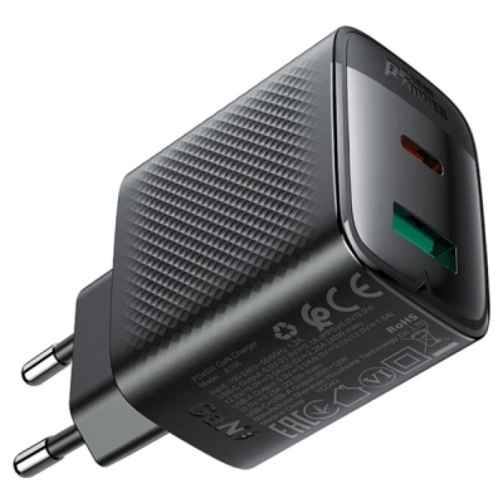 Зарядний пристрій Acefast A106 1xUSB-C PD45W + 1xUSB QC3.0 GaN black (6974316284031)