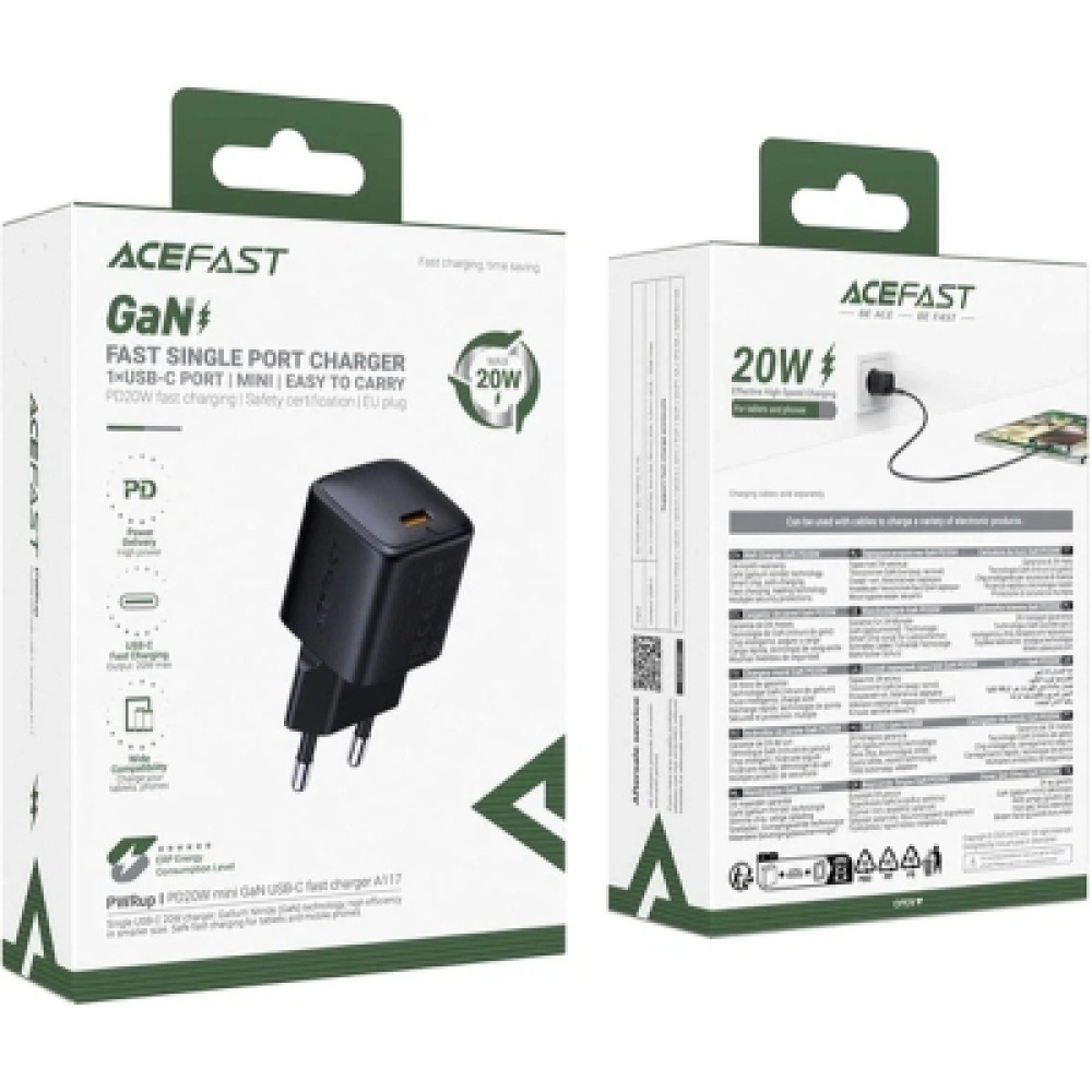 Зарядний пристрій Acefast A117 USB-C PD20W GaN black (6974316284987)