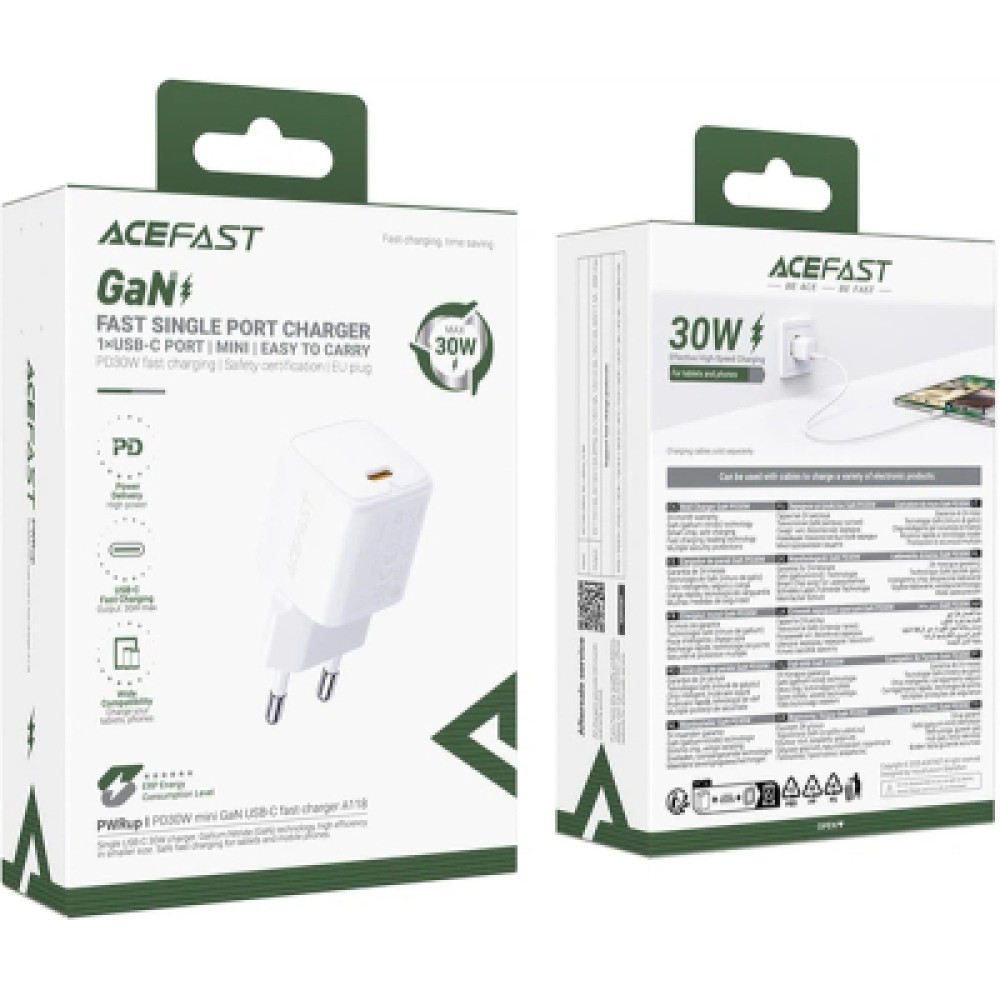 Зарядний пристрій Acefast A118 USB-C PD30W GaN white (6974316285366)