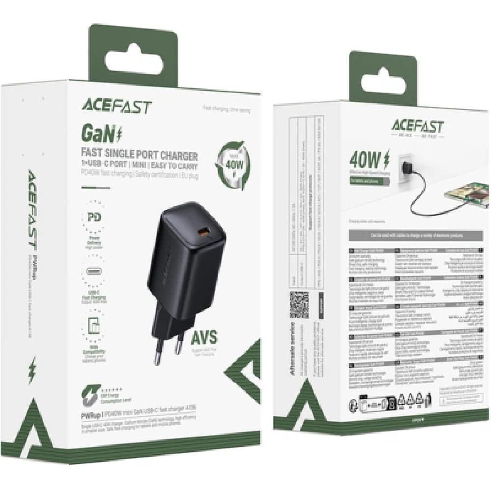Зарядний пристрій Acefast A136 USB-C PD40W GaN black (6974316286233)