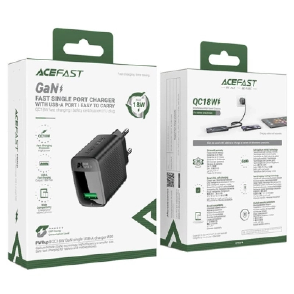 Зарядний пристрій Acefast A90 USB QC3.0 18W GaN black (6974316283249)