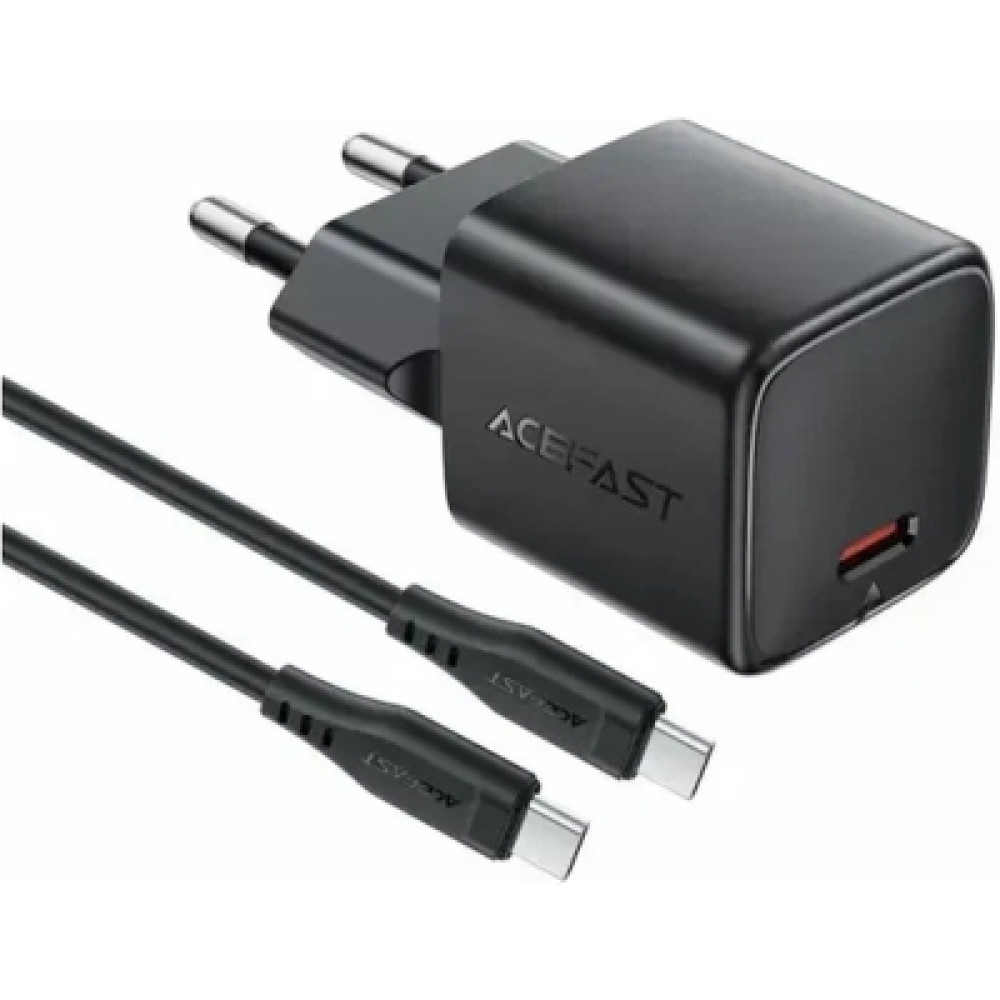 Зарядний пристрій Acefast USB-C PD20W GaN + cable USB-C to USB-C black (6974316286509)