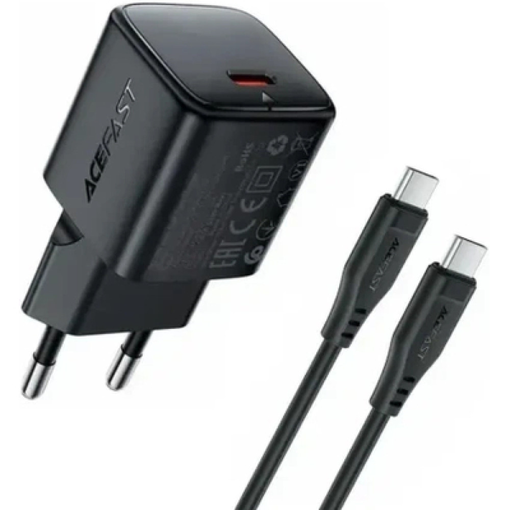 Зарядний пристрій Acefast USB-C PD20W GaN + cable USB-C to USB-C black (6974316286509)