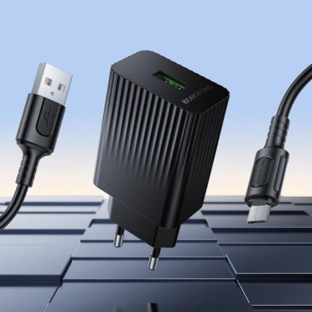 Зарядний пристрій BOROFONE USB QC3.0 + cable USB to Micro 5P black (6941991122651)