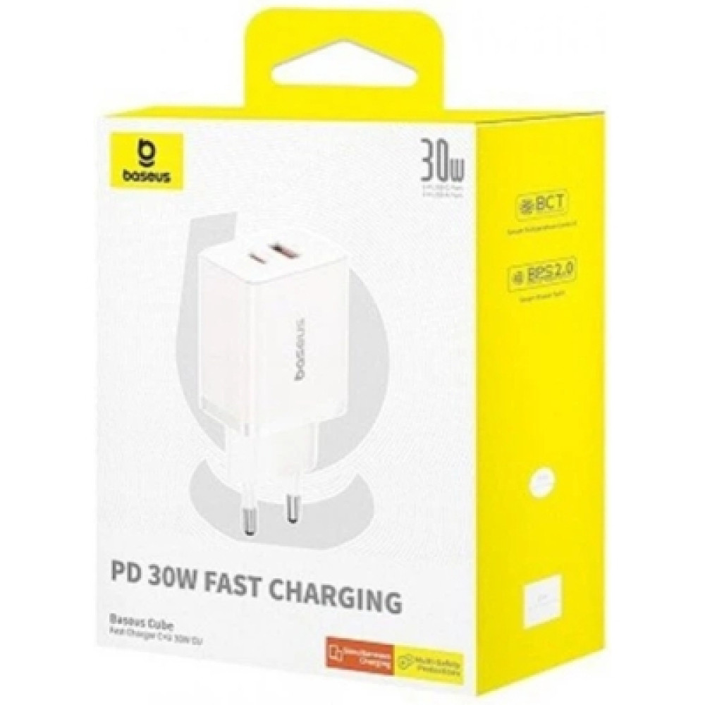 Зарядний пристрій Baseus 1xUSB-C PD30W + 1xUSB QC3.0 white (P10111404213-00)