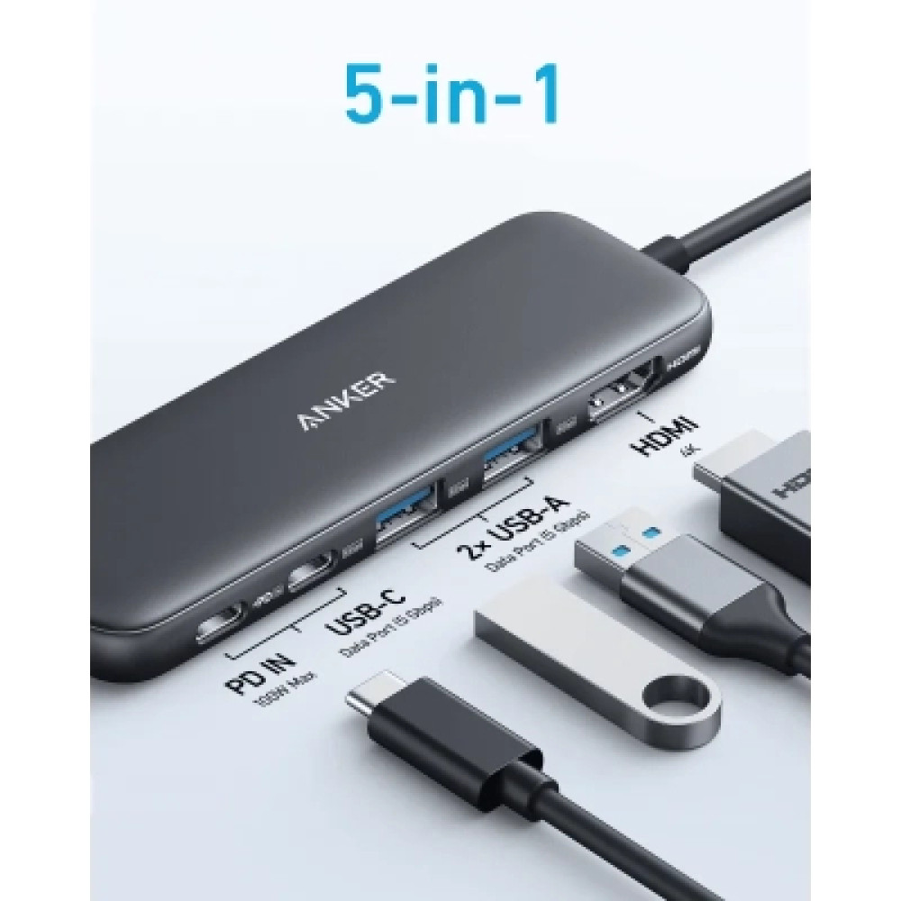 Концентратор Anker USB-C 5-in-1 2xUSB-A + USB-C 5Gbps + HDMI 4K + USB-C PD in 100W black (A8355H11)