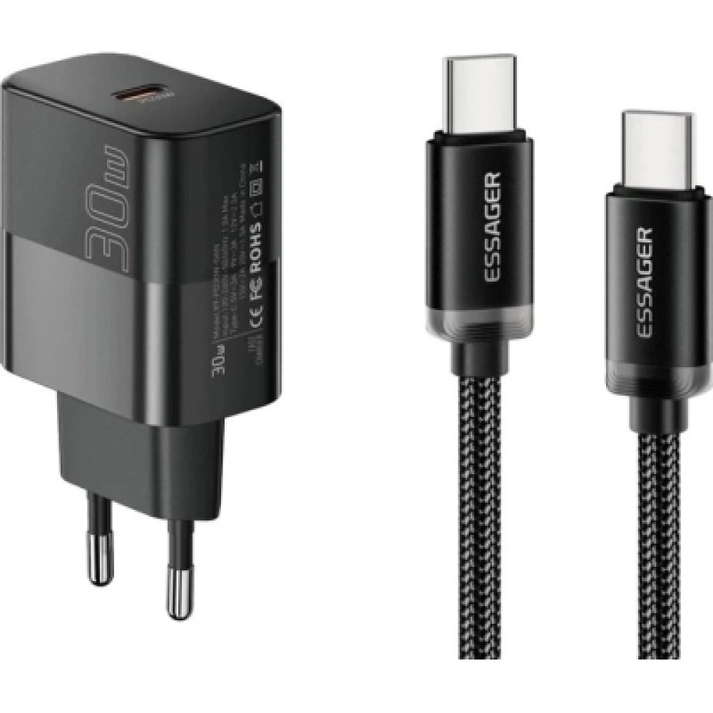 Зарядний пристрій Essager USB-C PD30W + cable USB-C to USB-C 60W black (E30JSB1-SYTT1-T)