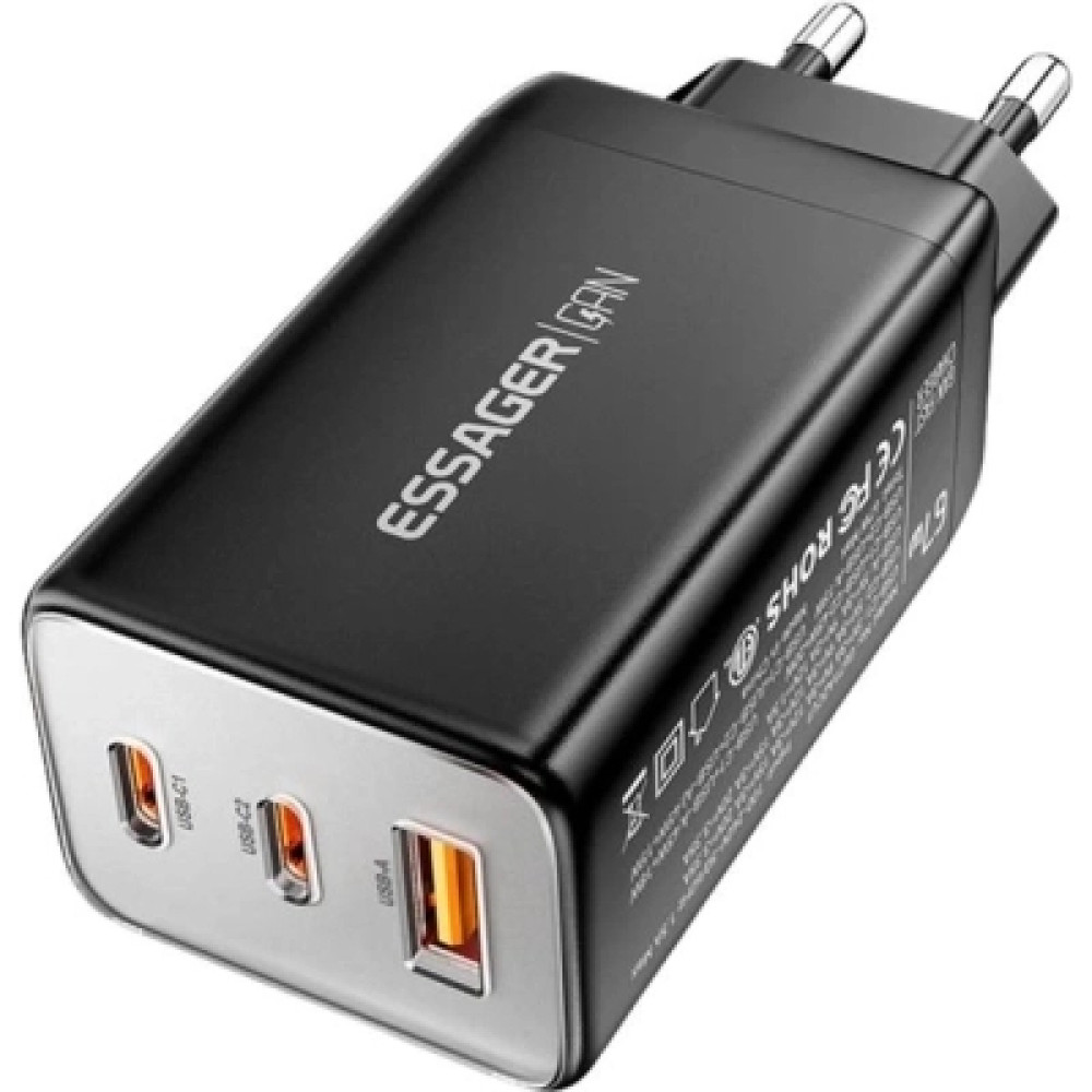 Зарядний пристрій Essager 2xUSB-C + 1xUSB PD67W QC4.0 FCP GaN black (ECT67W-LJB01-Z)