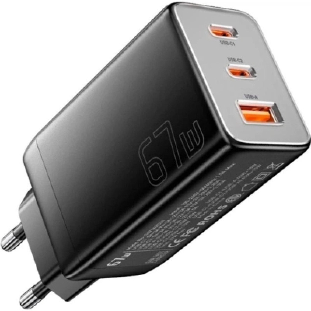 Зарядний пристрій Essager 2xUSB-C + 1xUSB PD67W QC4.0 FCP GaN black (ECT67W-LJB01-Z)