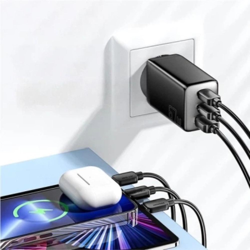 Зарядний пристрій Essager 2xUSB-C + 1xUSB PD67W QC4.0 FCP GaN black (ECT67W-LJB01-Z)