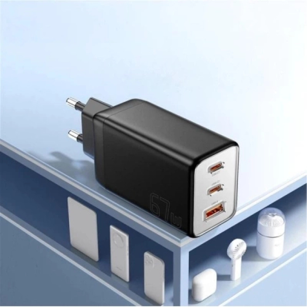 Зарядний пристрій Essager 2xUSB-C + 1xUSB PD67W QC4.0 FCP GaN black (ECT67W-LJB01-Z)