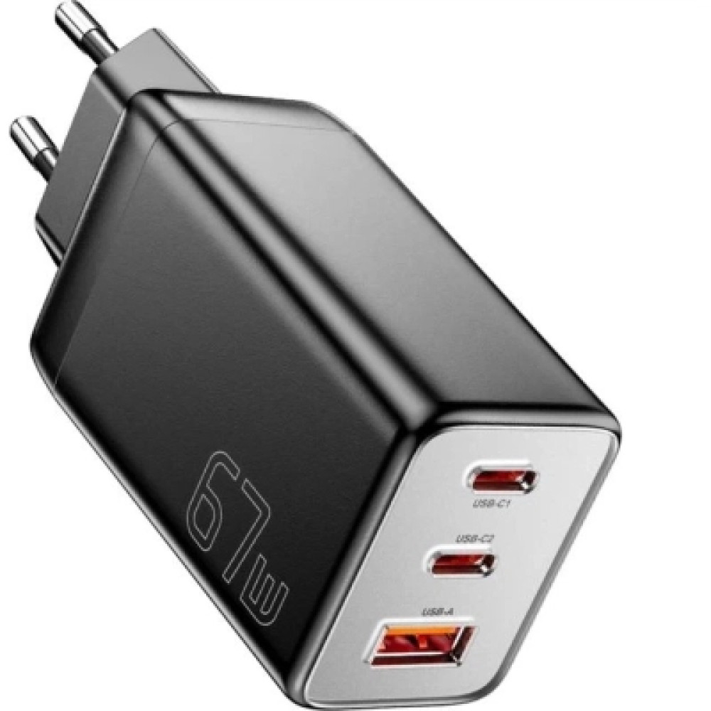Зарядний пристрій Essager 2xUSB-C + 1xUSB PD67W QC4.0 FCP GaN black (ECT67W-LJB01-Z)