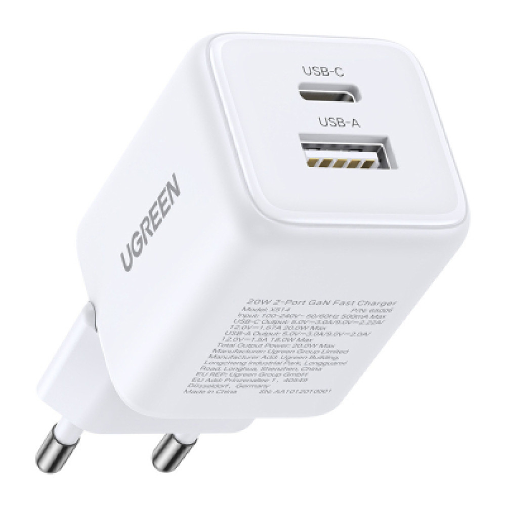 Зарядний пристрій Ugreen X514 1xUSB-C PD20W + 1xUSB GaN white (65006)